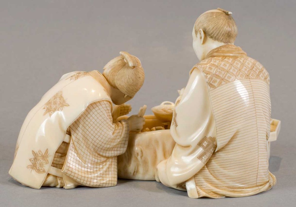 FINE QUALITY JAPANESE MEIJI PERIOD IVORY OKIMONO SEATED GROUP View VI