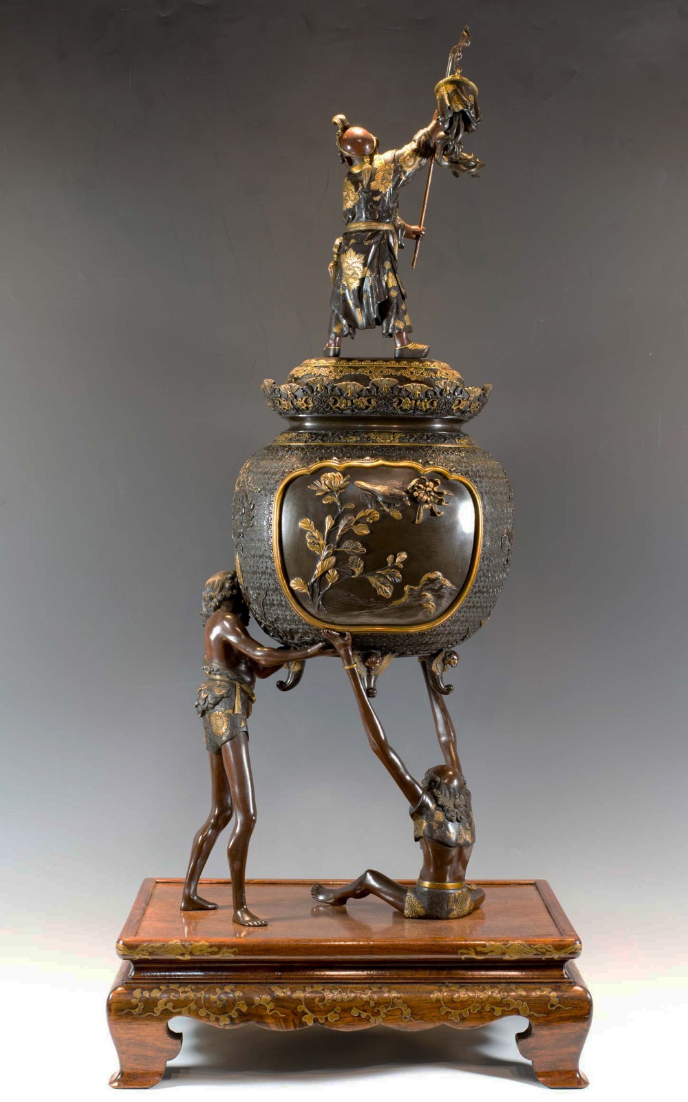 LARGE JAPANESE GILT BRONZE LIDDED KORO SUPPORTED BY ASHINAGA & TENAGA- MIYAO EISUKE View II