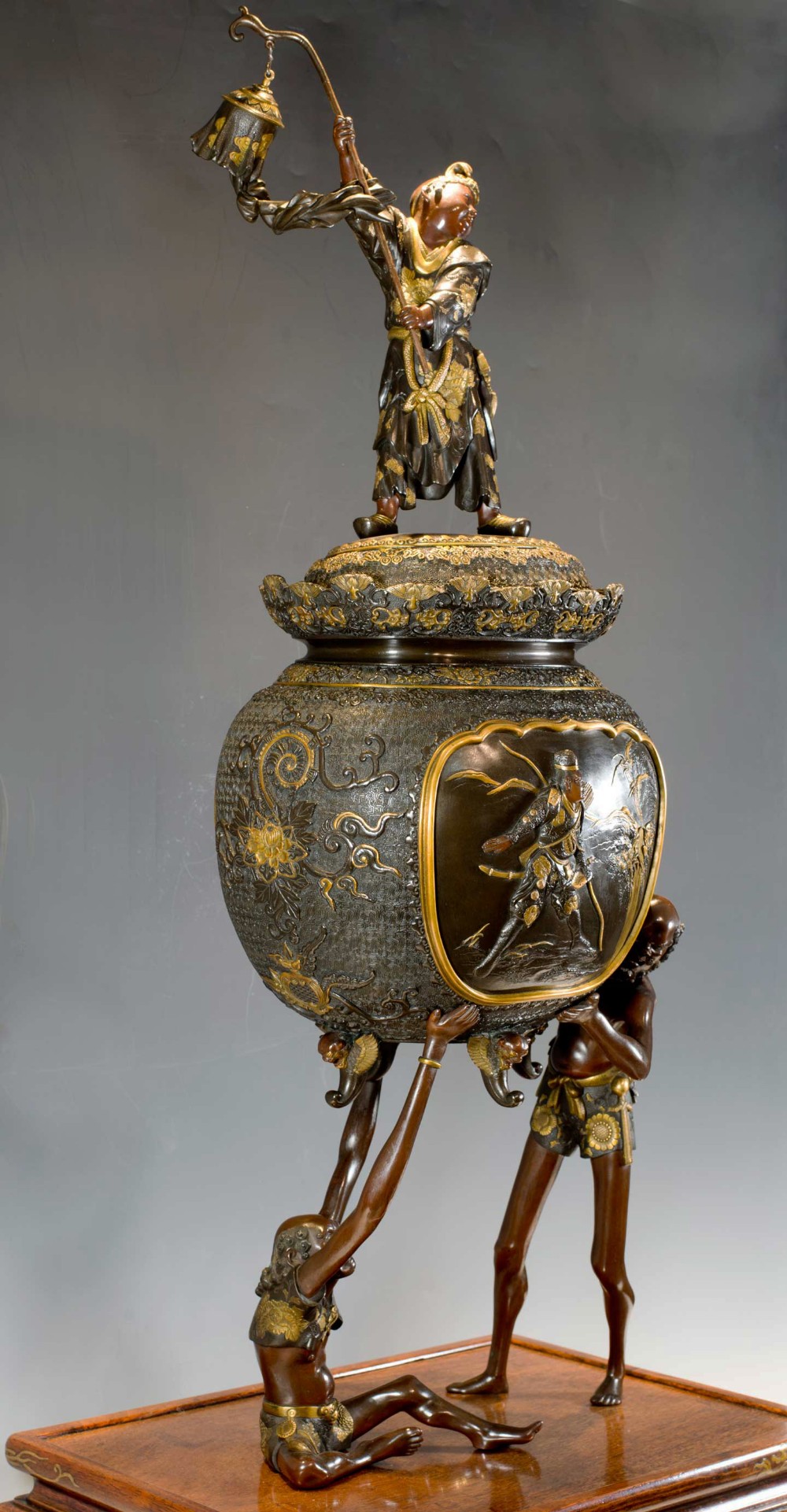 LARGE JAPANESE GILT BRONZE LIDDED KORO SUPPORTED BY ASHINAGA & TENAGA- MIYAO EISUKE View III