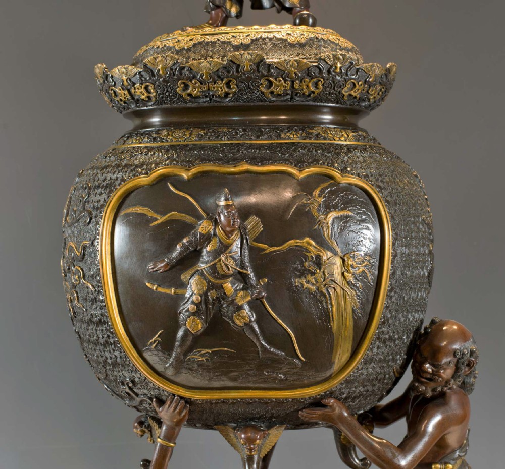 LARGE JAPANESE GILT BRONZE LIDDED KORO SUPPORTED BY ASHINAGA & TENAGA- MIYAO EISUKE View V