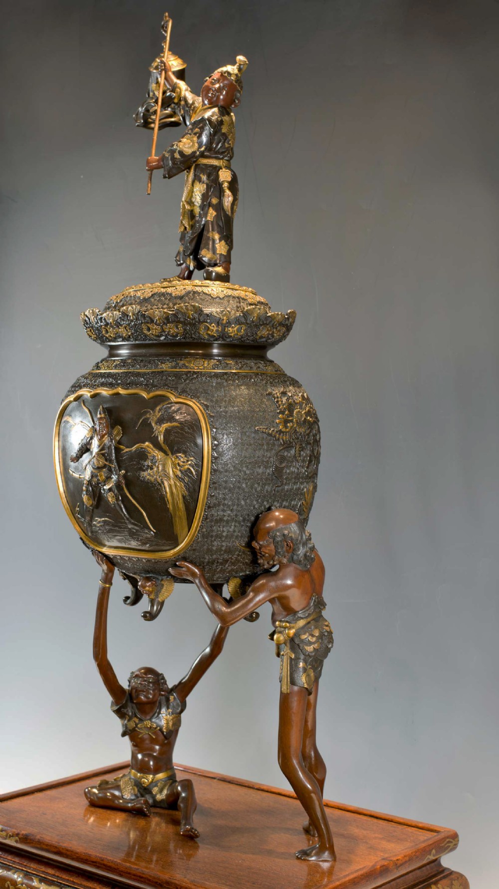 LARGE JAPANESE GILT BRONZE LIDDED KORO SUPPORTED BY ASHINAGA & TENAGA- MIYAO EISUKE View VI