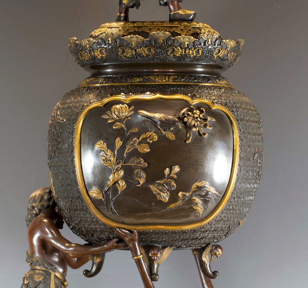 LARGE JAPANESE GILT BRONZE LIDDED KORO SUPPORTED BY ASHINAGA & TENAGA- MIYAO EISUKE View IX