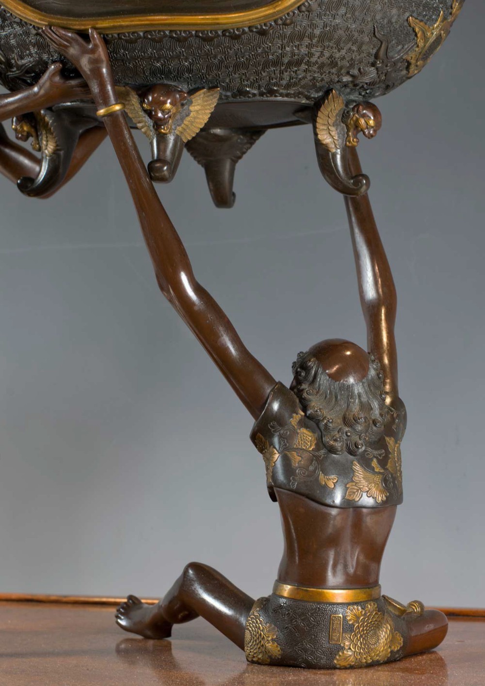 LARGE JAPANESE GILT BRONZE LIDDED KORO SUPPORTED BY ASHINAGA & TENAGA- MIYAO EISUKE View XI