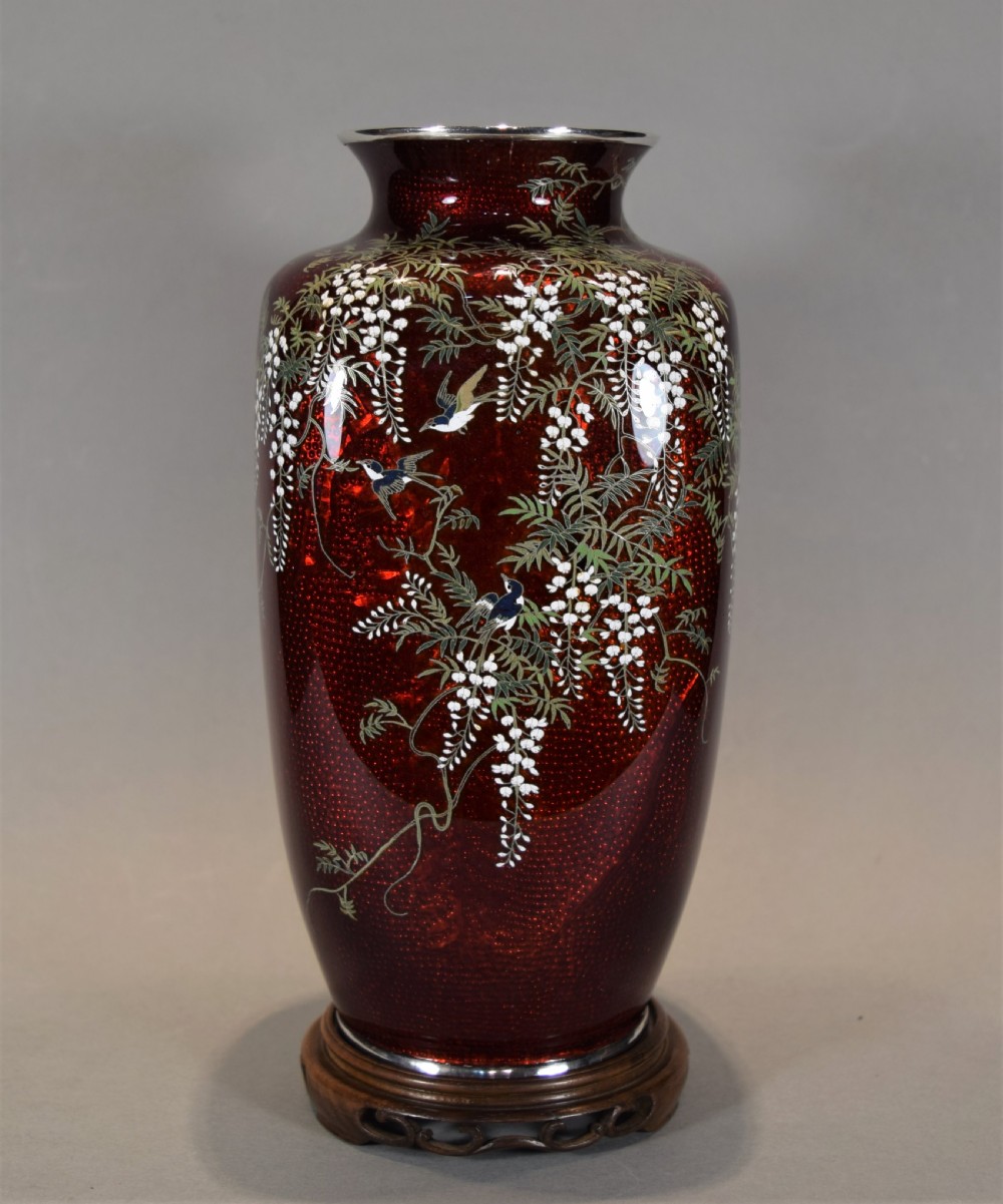 JAPANESE SILVER MOUNTED CLOISONNE VASE IN SILK LINED TOMOBAKO-ANDO JUBEI