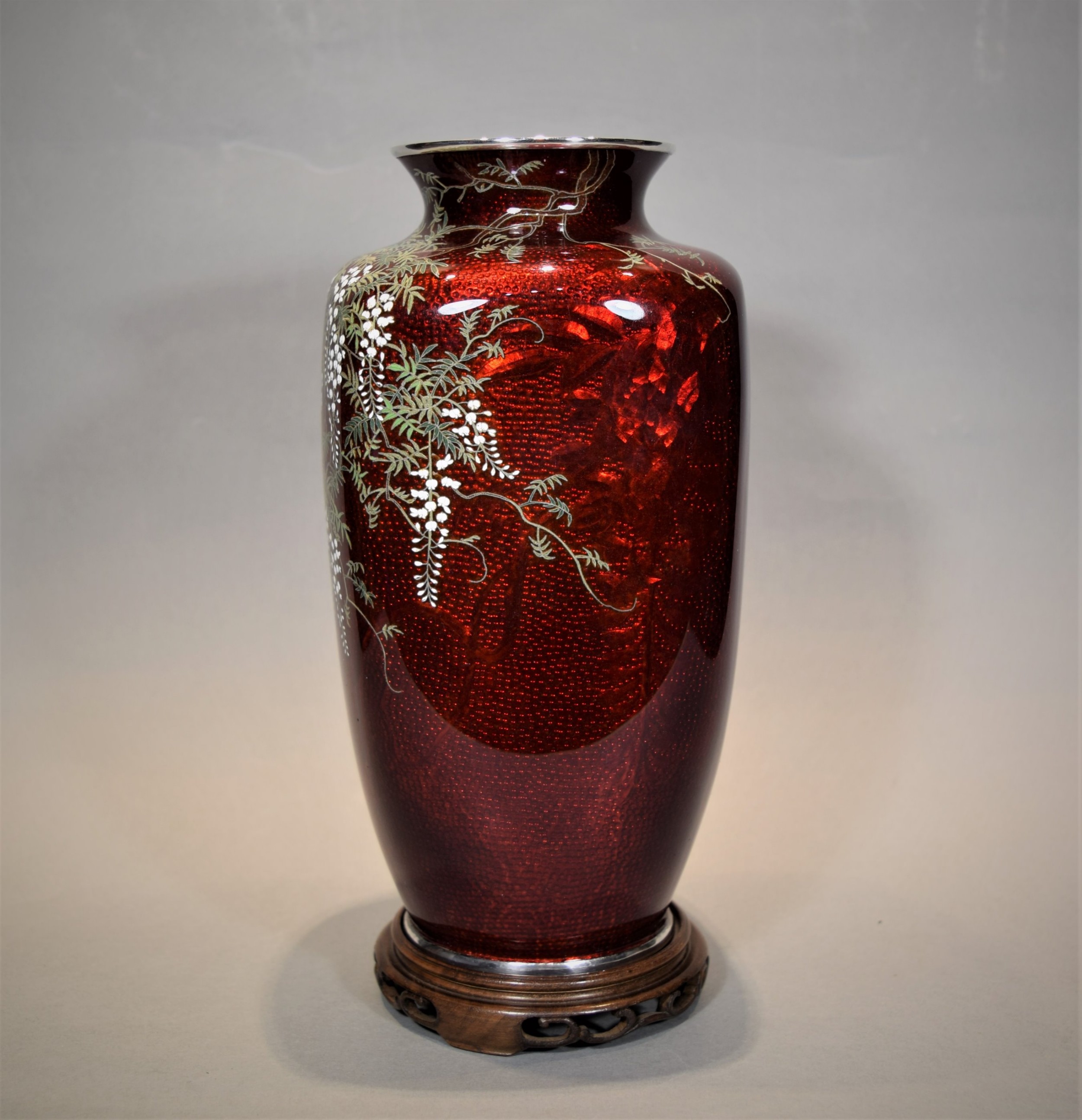 JAPANESE SILVER MOUNTED CLOISONNE VASE IN SILK LINED TOMOBAKO-ANDO JUBEI View II