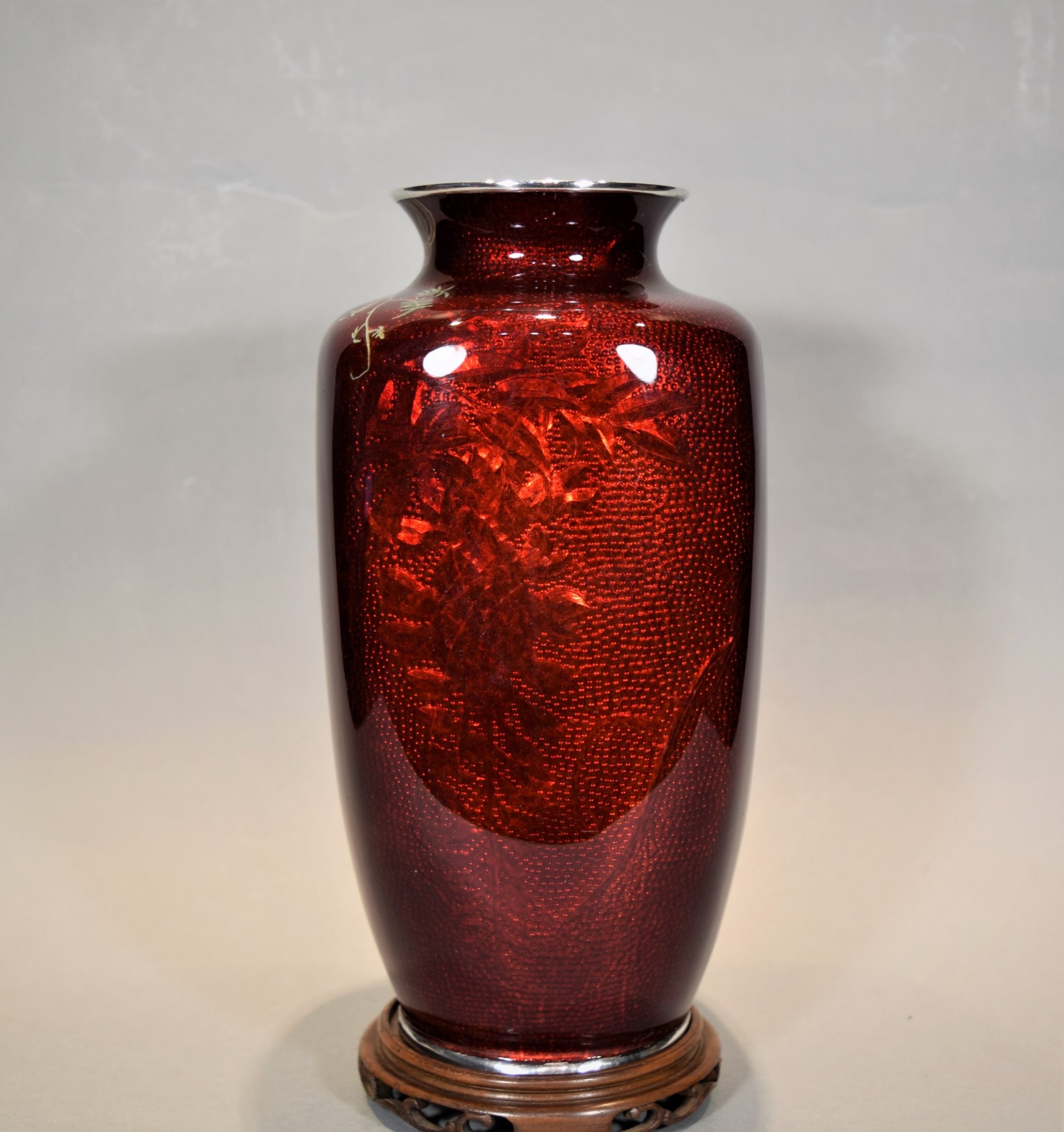 JAPANESE SILVER MOUNTED CLOISONNE VASE IN SILK LINED TOMOBAKO-ANDO JUBEI View III