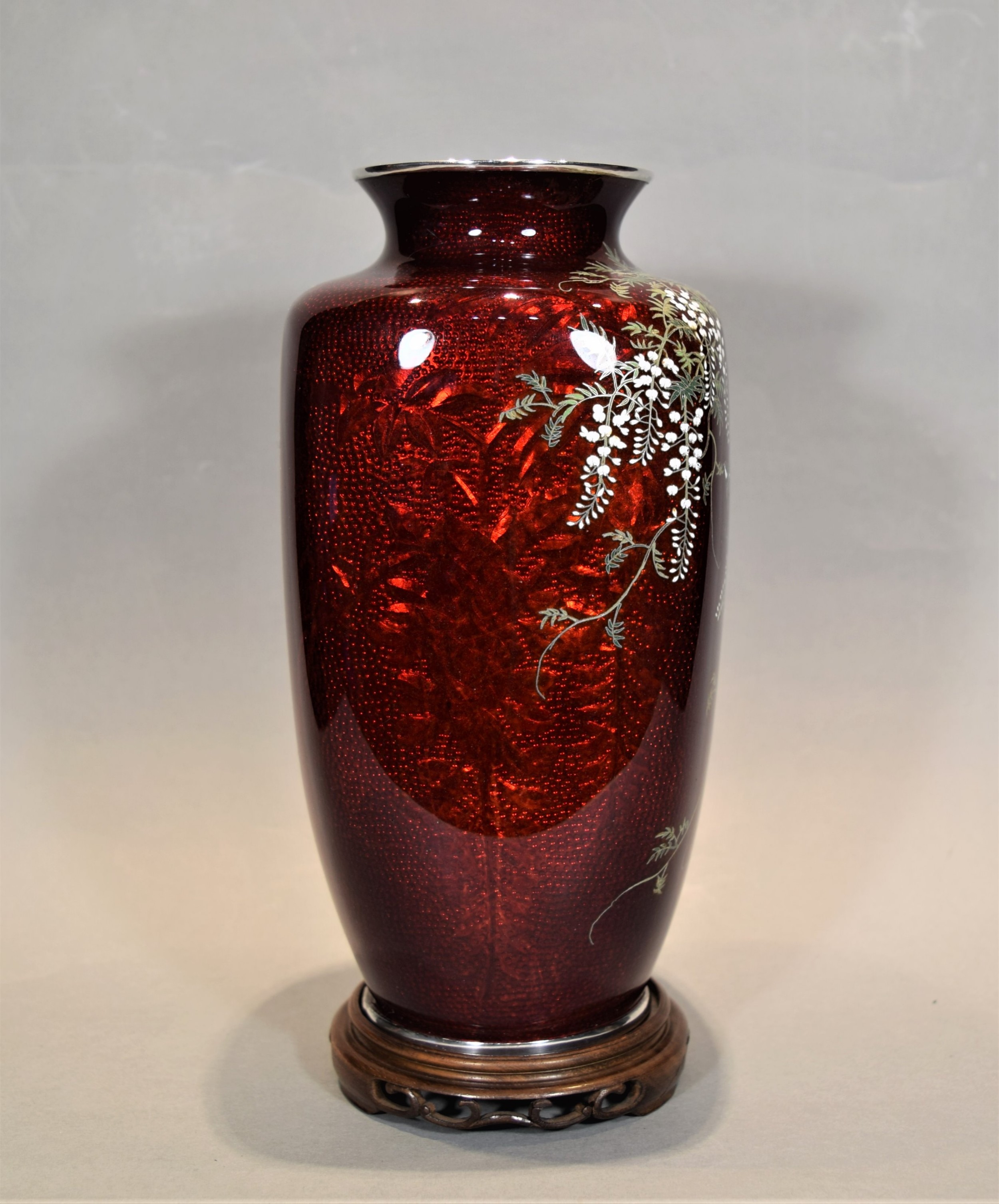 JAPANESE SILVER MOUNTED CLOISONNE VASE IN SILK LINED TOMOBAKO-ANDO JUBEI View IV