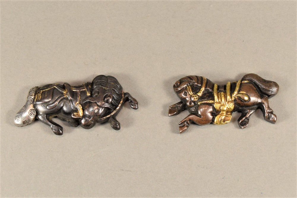 NICE QUALITY PAIR OF JAPANESE MIXED METAL MENUKI - HORSES