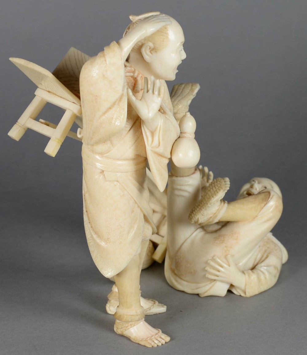 FINE JAPANESE IVORY OKIMONO GROUP - TWO DRUNKEN MEN - BY MUNEKAZU View IX