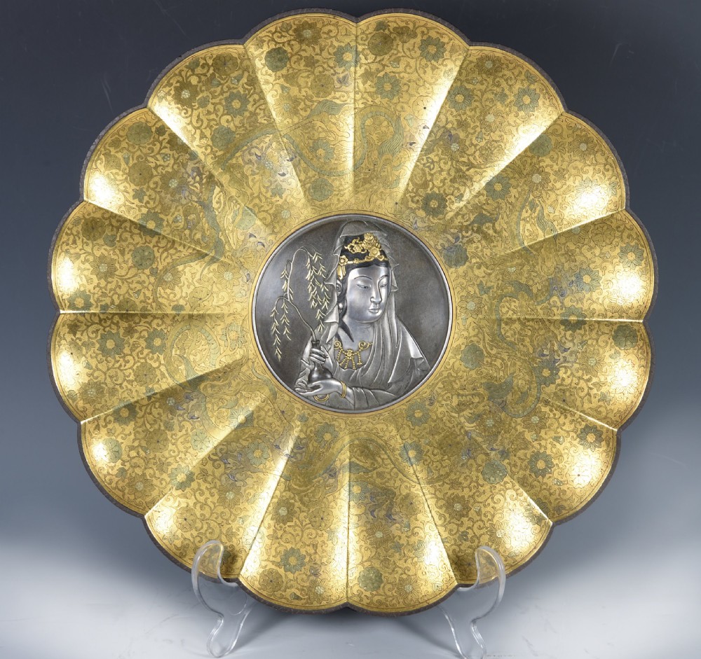 A STUNNING JAPANESE DAMASCENED IRON DISH BY THE KOBAYASHI COMPANY OF TOKYO