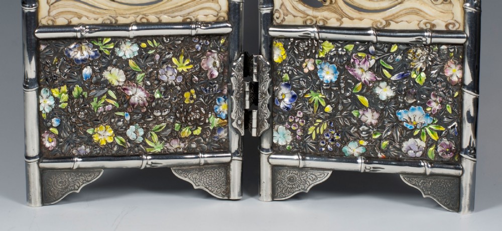 UNUSUAL  JAPANESE SILVER & ENAMEL MINIATURE TABLE SCREEN - IVORY SEA DRAGONS View II