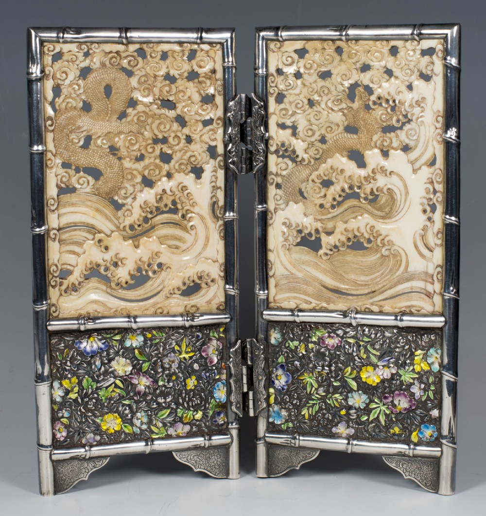 UNUSUAL  JAPANESE SILVER & ENAMEL MINIATURE TABLE SCREEN - IVORY SEA DRAGONS View V