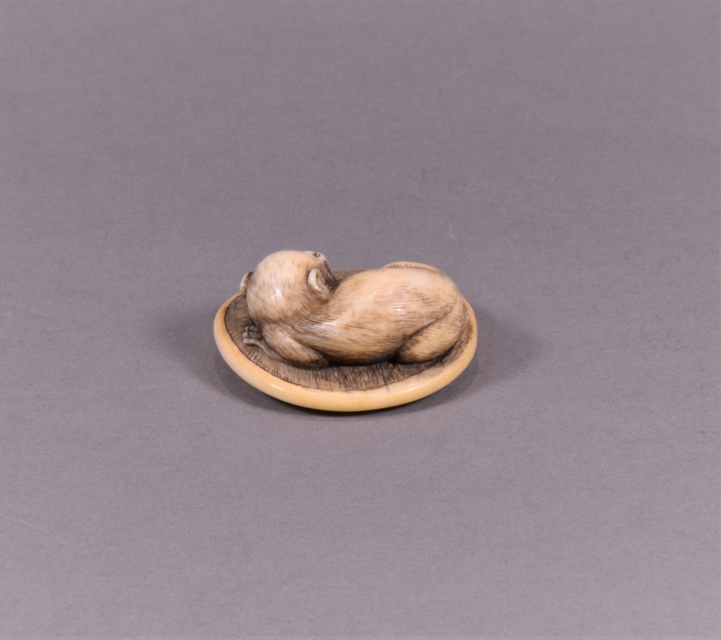 A CHARMING JAPANESE EDO PERIOD IVORY NETSUKE - MONKEY UPON ON A ZABUTON View IV