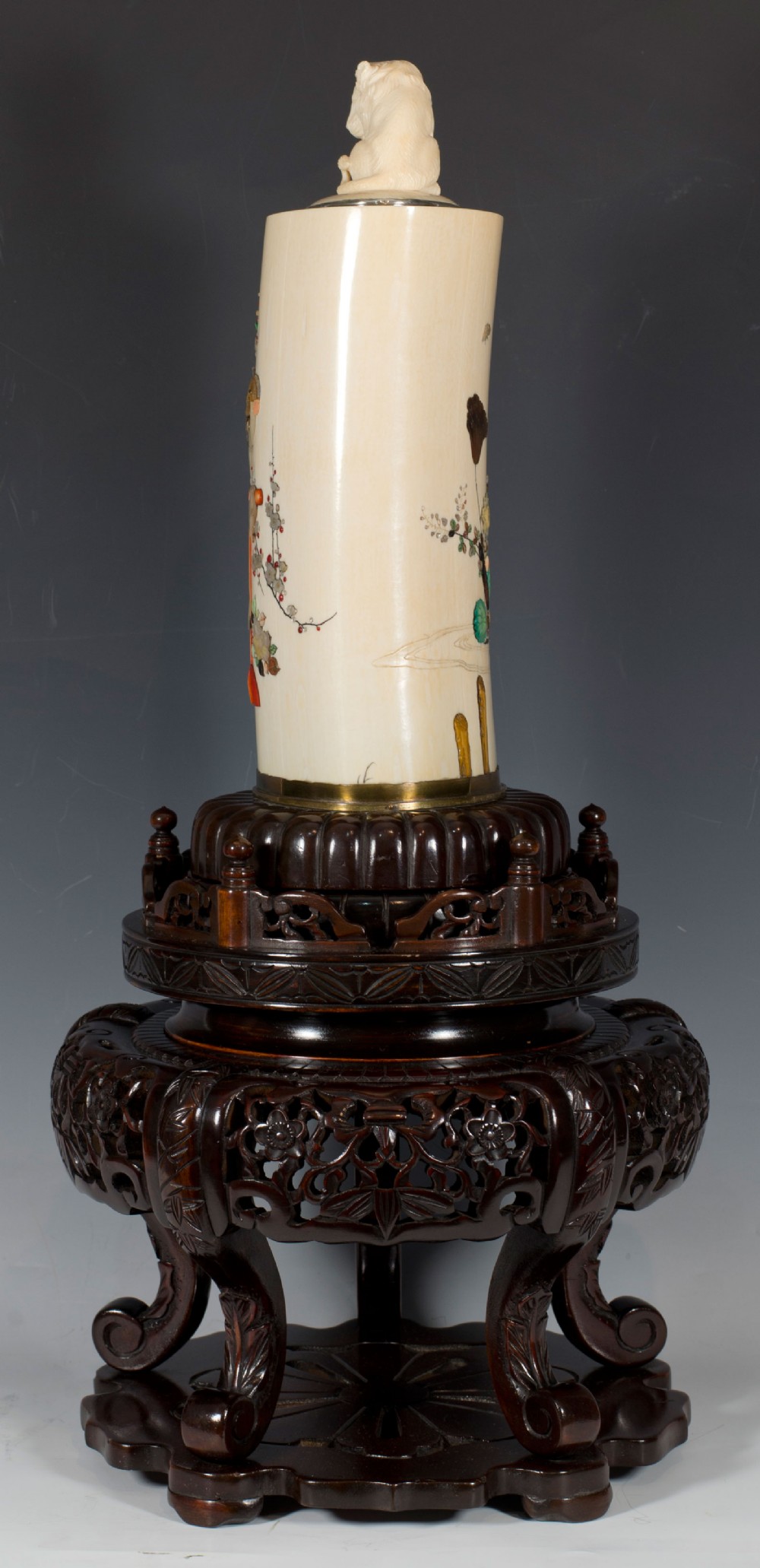 LARGE JAPANESE IVORY & SHIBAYAMA LIDDED TUSK VASE ON STAND - PARROT View III