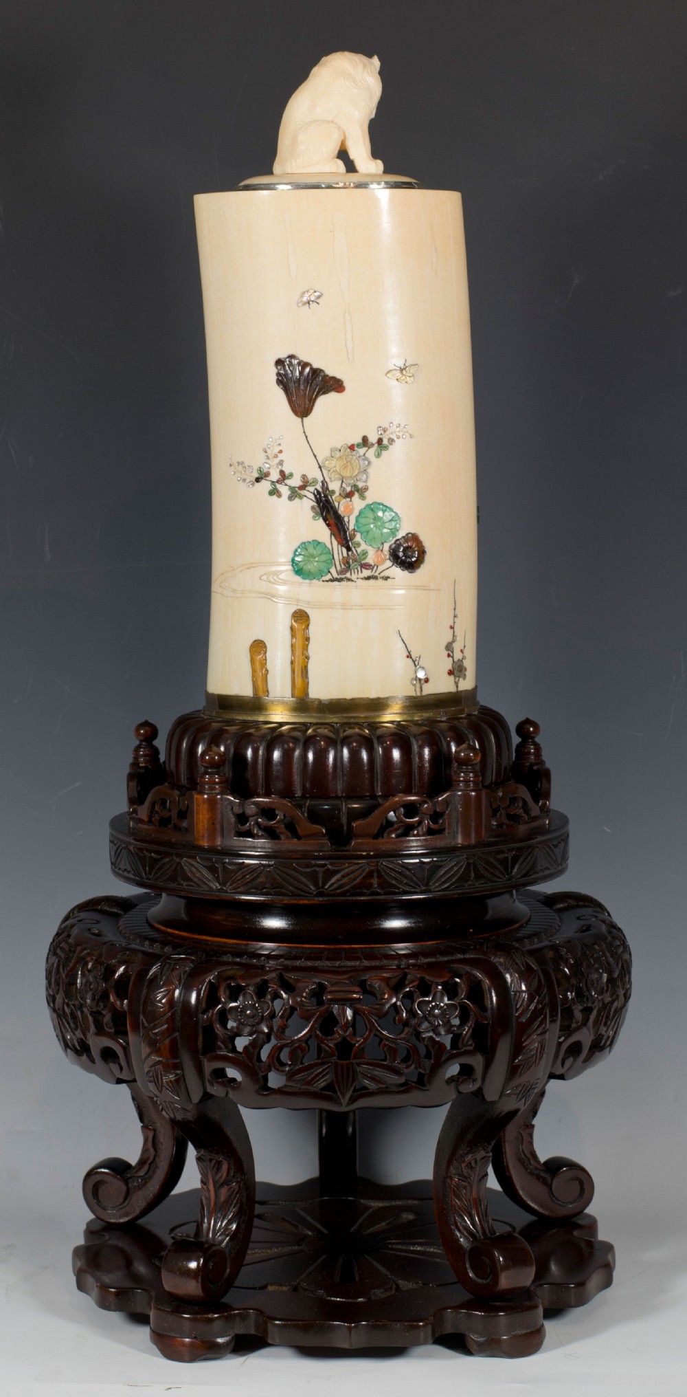 LARGE JAPANESE IVORY & SHIBAYAMA LIDDED TUSK VASE ON STAND - PARROT View IV