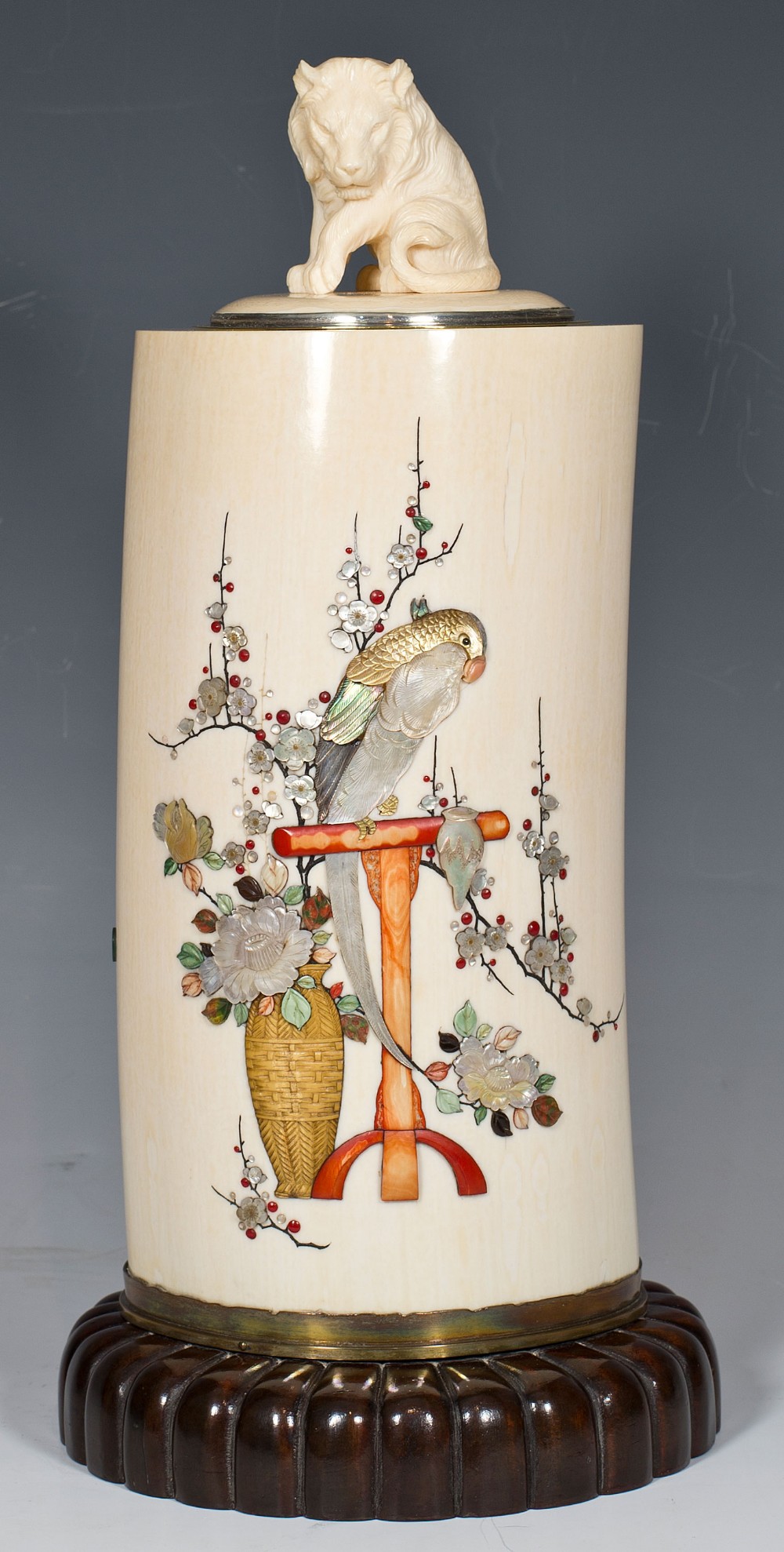 LARGE JAPANESE IVORY & SHIBAYAMA LIDDED TUSK VASE ON STAND - PARROT View VI