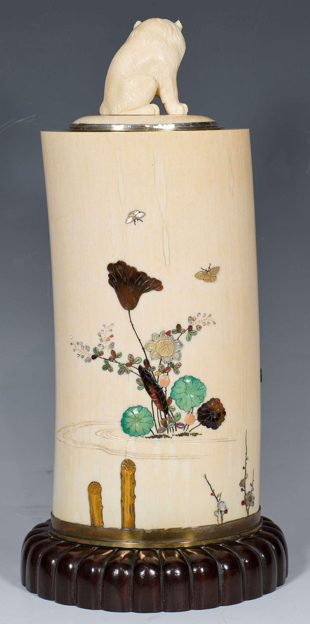 LARGE JAPANESE IVORY & SHIBAYAMA LIDDED TUSK VASE ON STAND - PARROT View VII