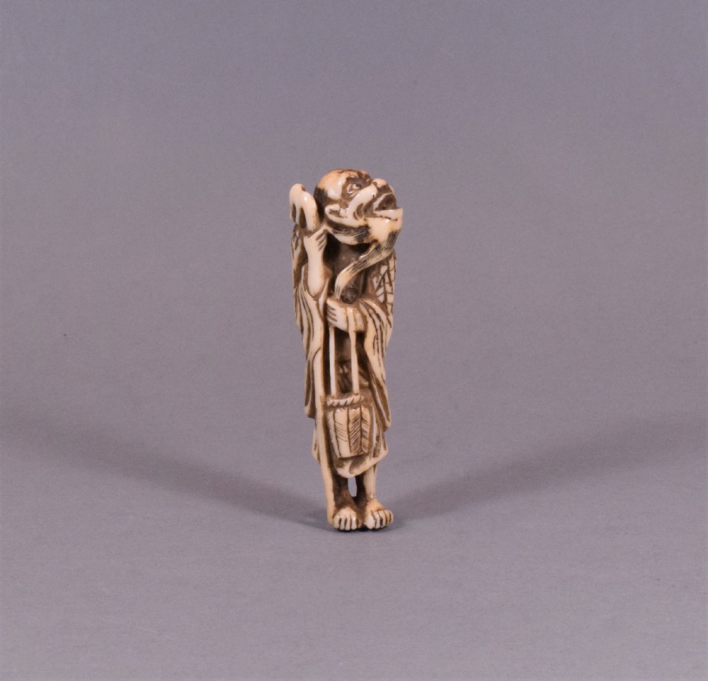 JAPANESE EDO PERIOD CARVED STAG ANTLER NETSUKE - TEKKAI SENNIN