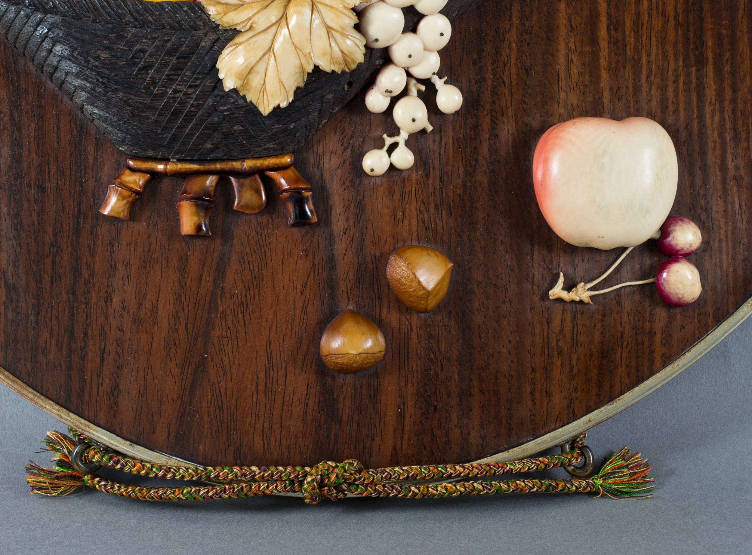 DELIGHTFUL TOKYO ARTIST JAPANESE WOOD & IVORY PLAQUE - BASKET OF FRUIT View III