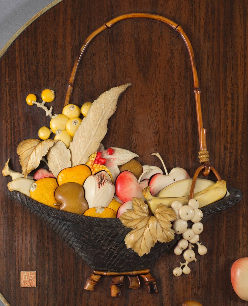 DELIGHTFUL TOKYO ARTIST JAPANESE WOOD & IVORY PLAQUE - BASKET OF FRUIT View IV