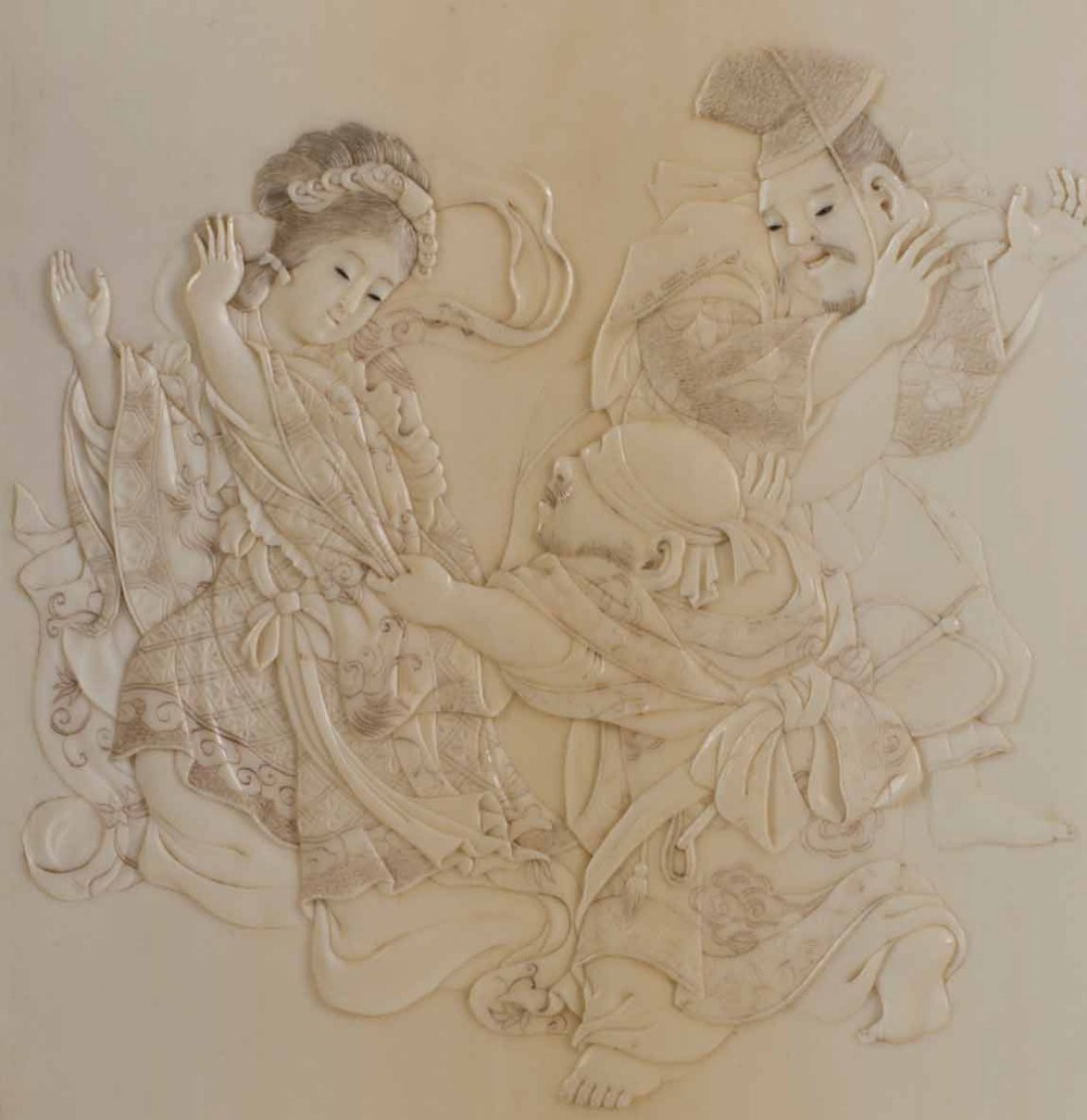 A DELIGHTFUL JAPANESE IVORY TWO FOLD TABLE SCREEN View II