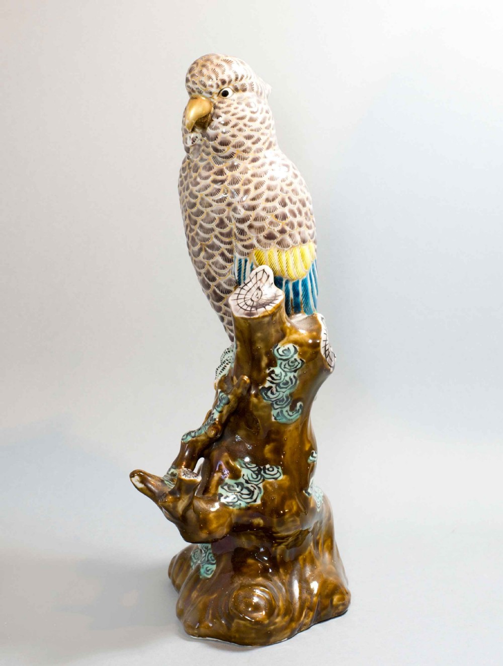 JAPANESE MEIJI PERIOD KUTANI MODEL OF A COCKATIEL ON A TREE STUMP View III
