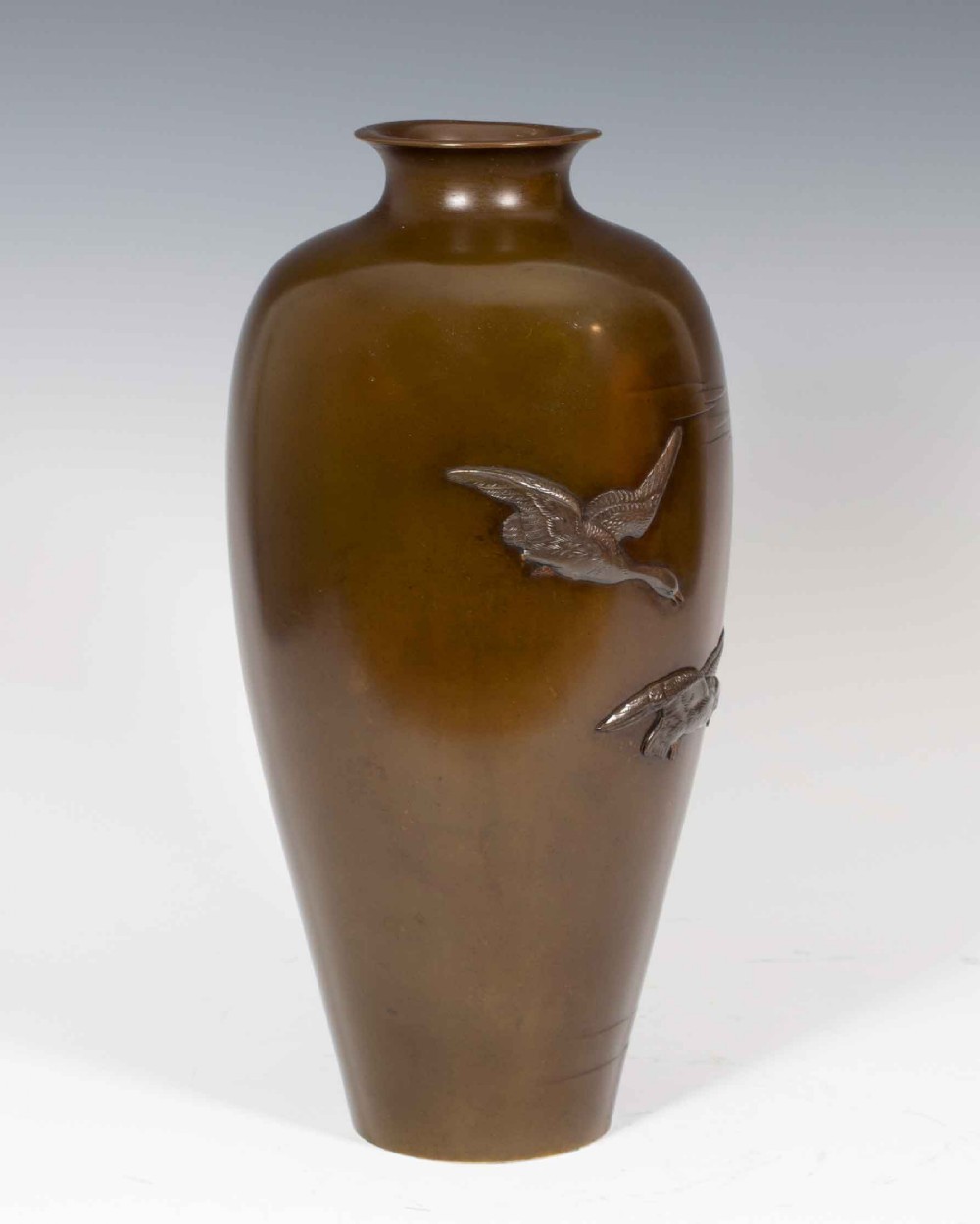 LARGE JAPANESE BRONZE ONLAID MIXED METAL FLYING GEESE VASE View II