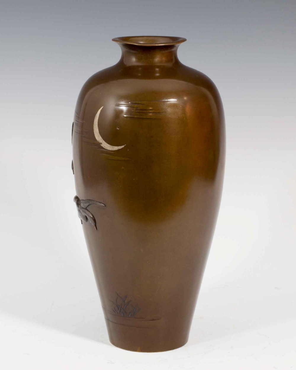 LARGE JAPANESE BRONZE ONLAID MIXED METAL FLYING GEESE VASE View III