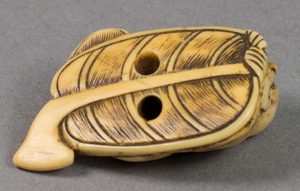 JAPANESE EDO PERIOD IVORY NETSUKE - HOTEI UPON A FAN View VIII