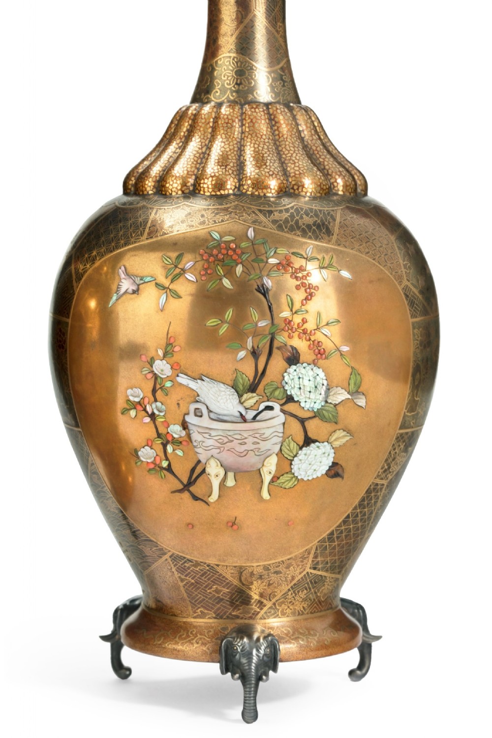 EXQUISITE PAIR OF JAPANESE GOLD LACQUER & SHIBAYAMA SILVER MOUNTED VASES View VI