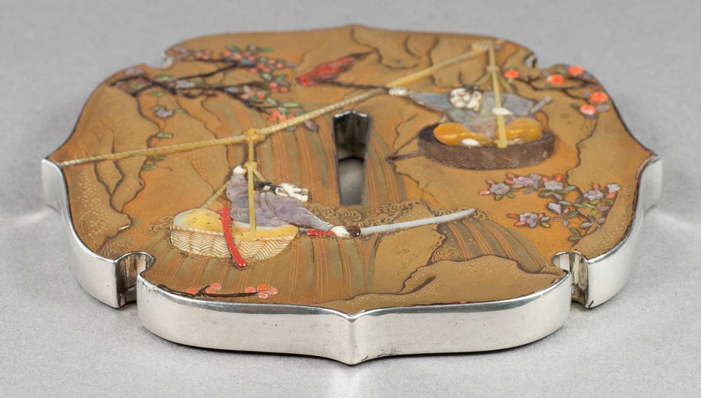 LARGE JAPANESE GOLD LACQUER & SHIBAYAMA SILVER MOUNTED TSUBA - SHINZAN View V