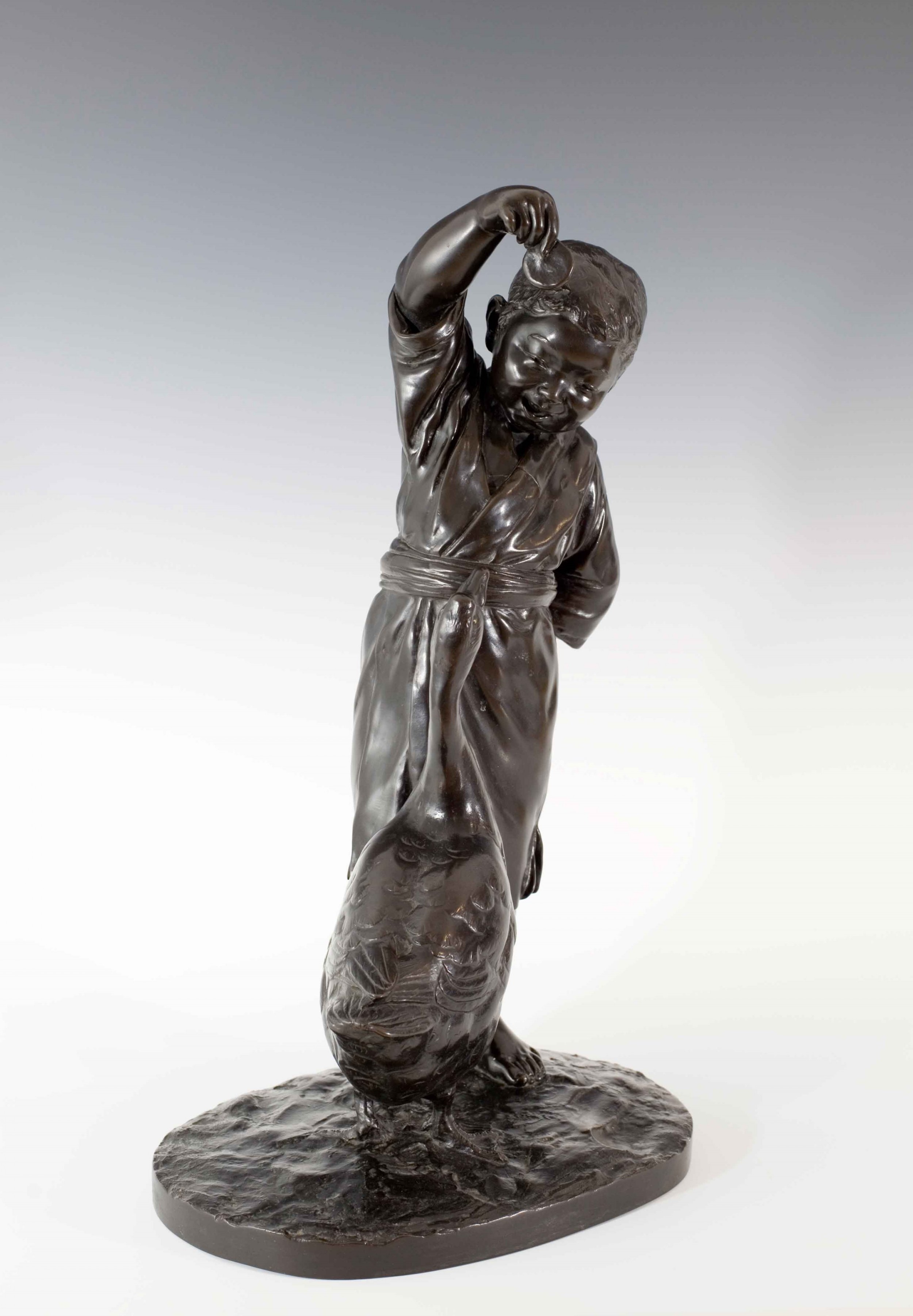 LARGE JAPANESE TOKYO SCHOOL BRONZE - BOY FEEDING GOOSE - SIGNED MASAAKI View II