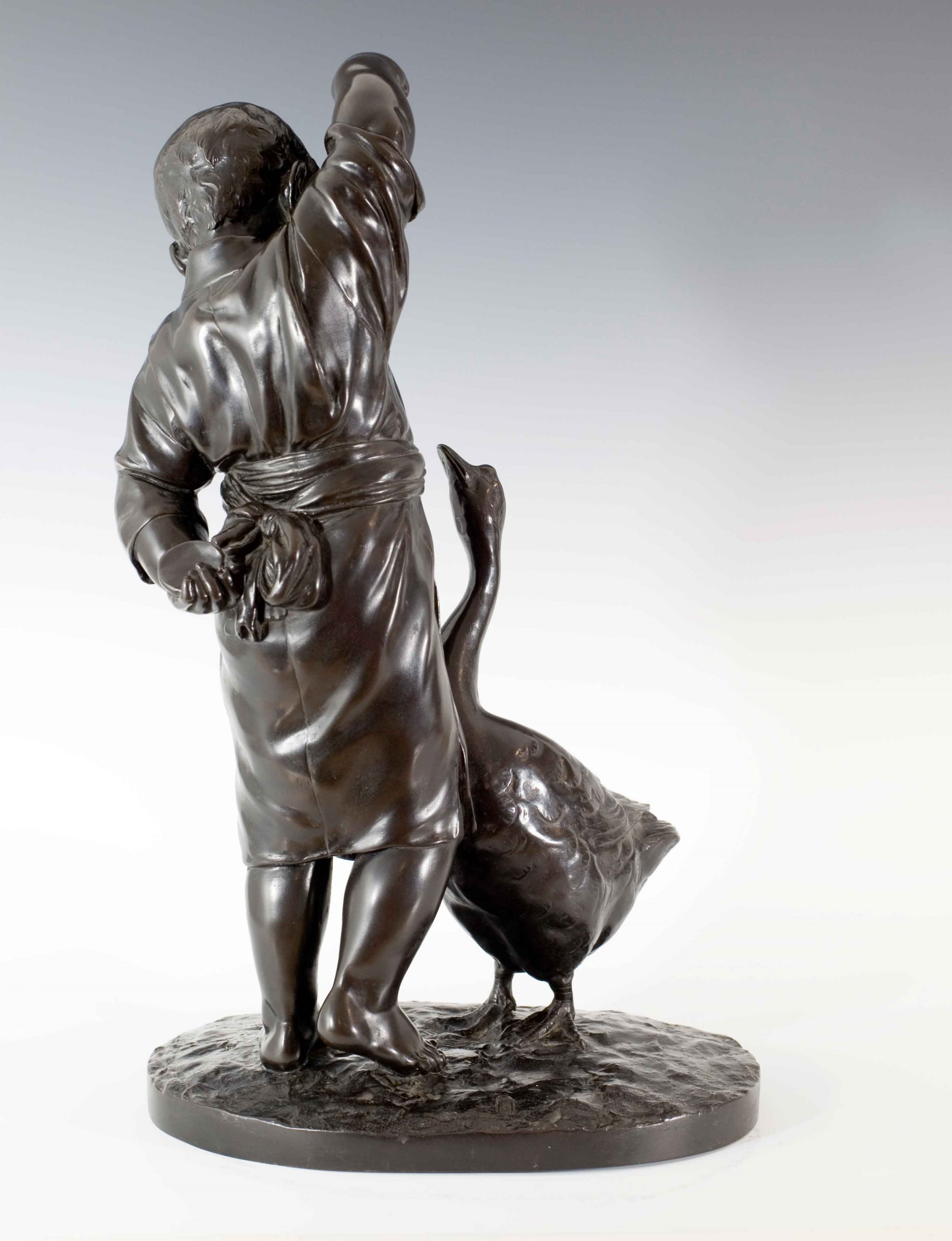 LARGE JAPANESE TOKYO SCHOOL BRONZE - BOY FEEDING GOOSE - SIGNED MASAAKI View IV