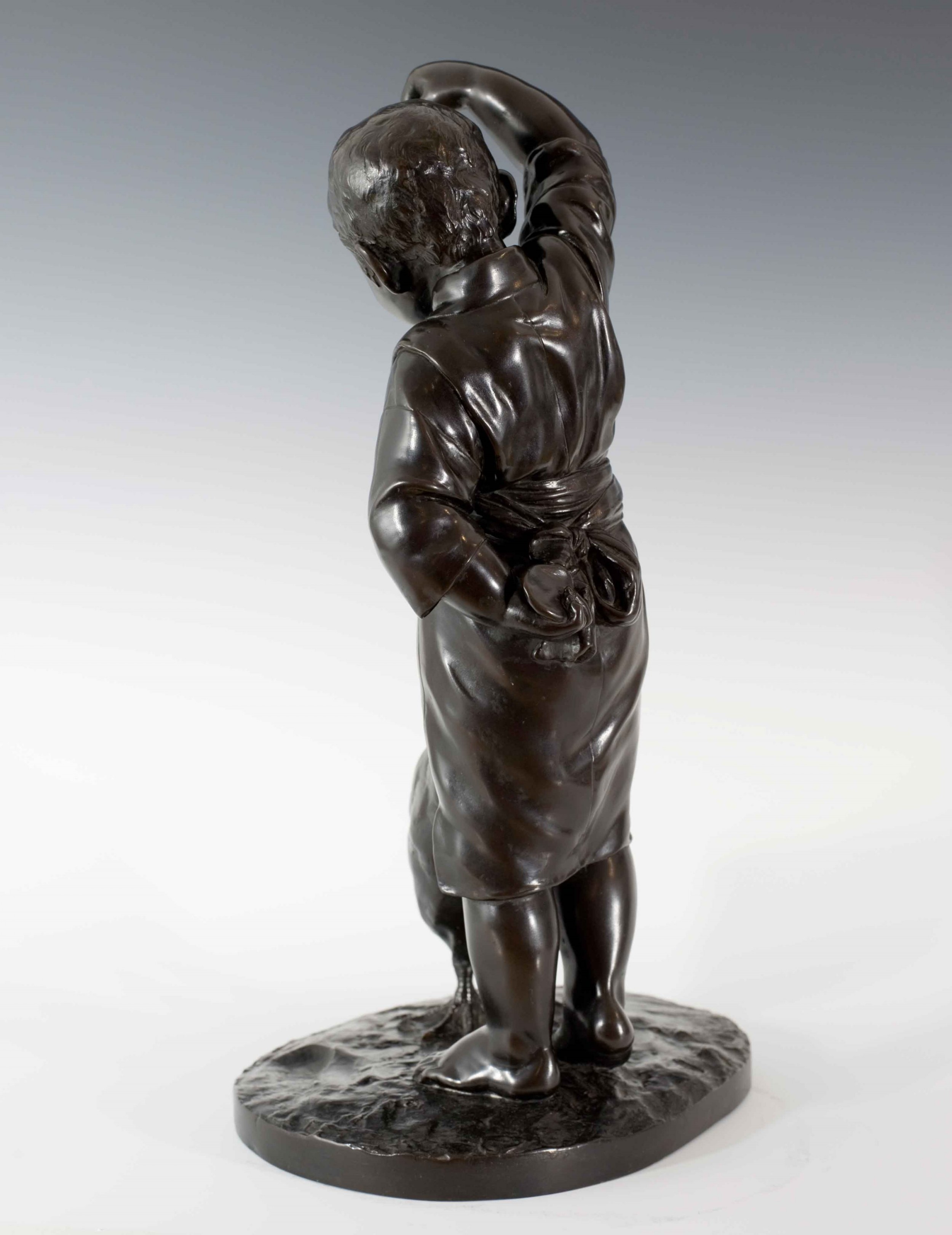 LARGE JAPANESE TOKYO SCHOOL BRONZE - BOY FEEDING GOOSE - SIGNED MASAAKI View V