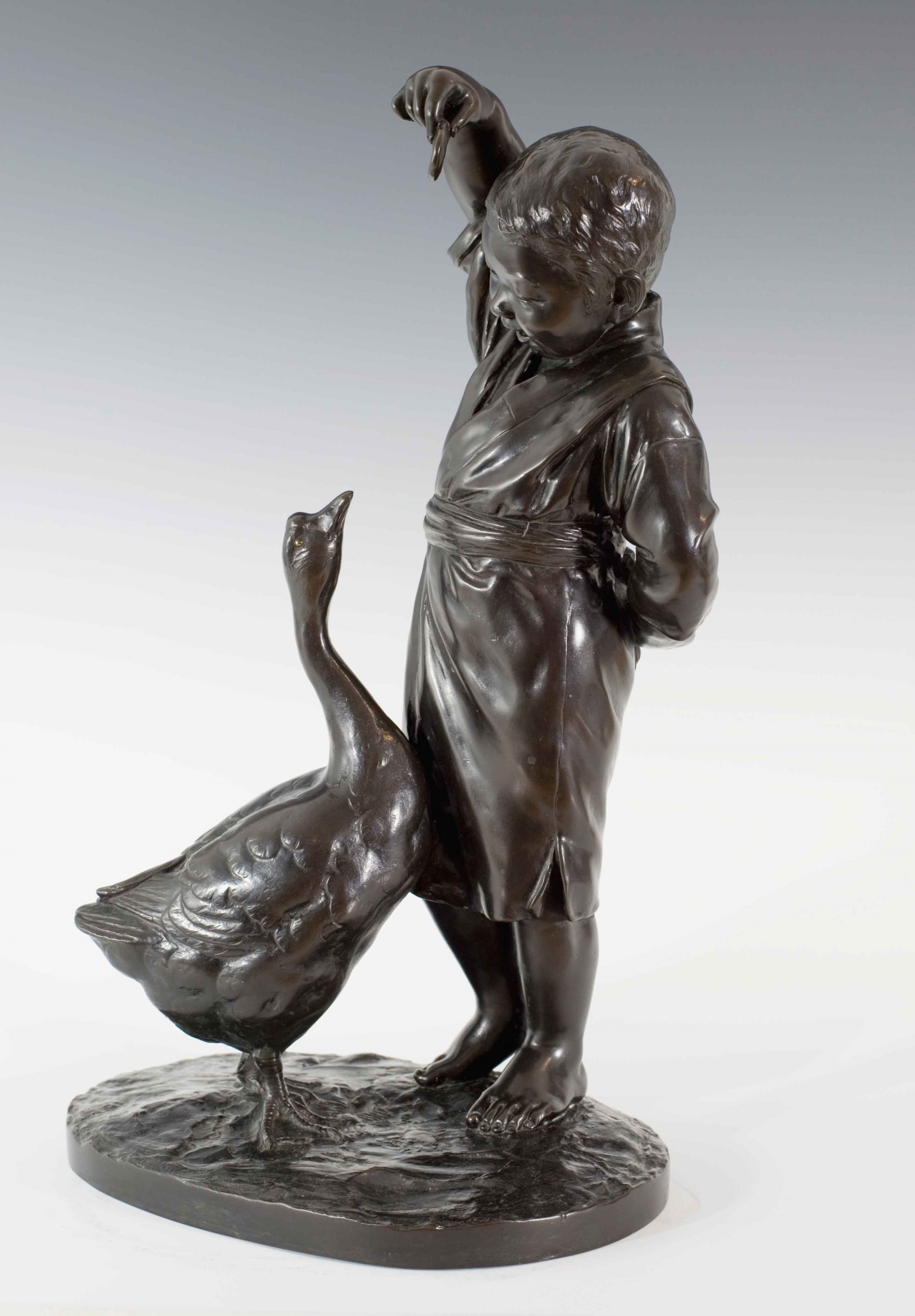 LARGE JAPANESE TOKYO SCHOOL BRONZE - BOY FEEDING GOOSE - SIGNED MASAAKI View VI