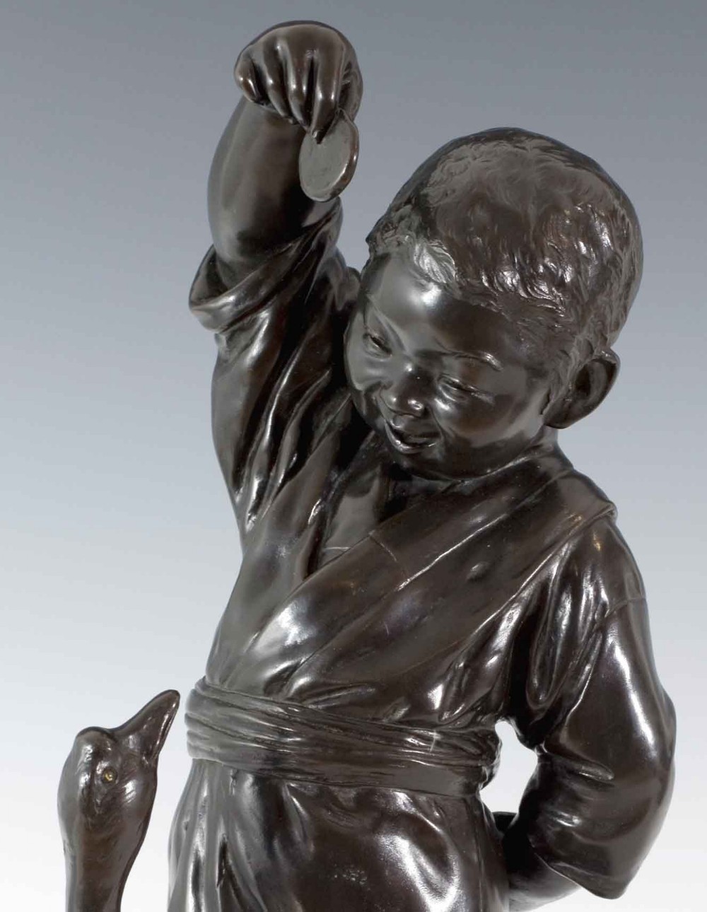 LARGE JAPANESE TOKYO SCHOOL BRONZE - BOY FEEDING GOOSE - SIGNED MASAAKI View VII