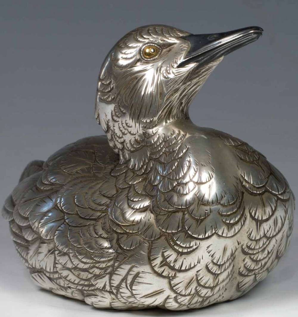 A CHARMING JAPANESE SILVERED BRONZE DUCK OKIMONO - MASATSUGU  View VIII