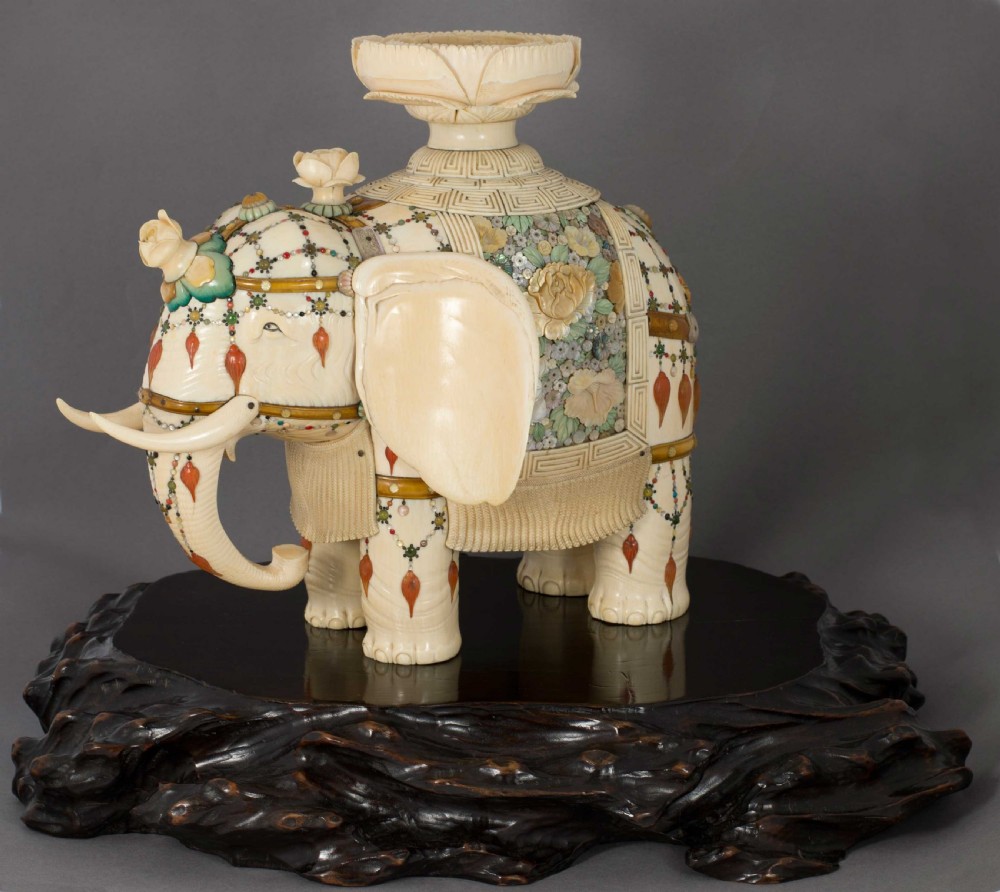 LARGE JAPANESE IVORY AND SHIBAYAMA CAPARISONED ELEPHANT OKIMONO - MASAYUKI
