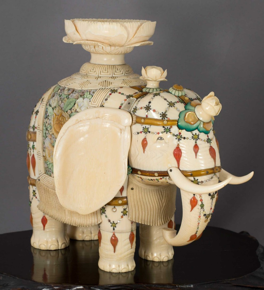 LARGE JAPANESE IVORY AND SHIBAYAMA CAPARISONED ELEPHANT OKIMONO - MASAYUKI View II