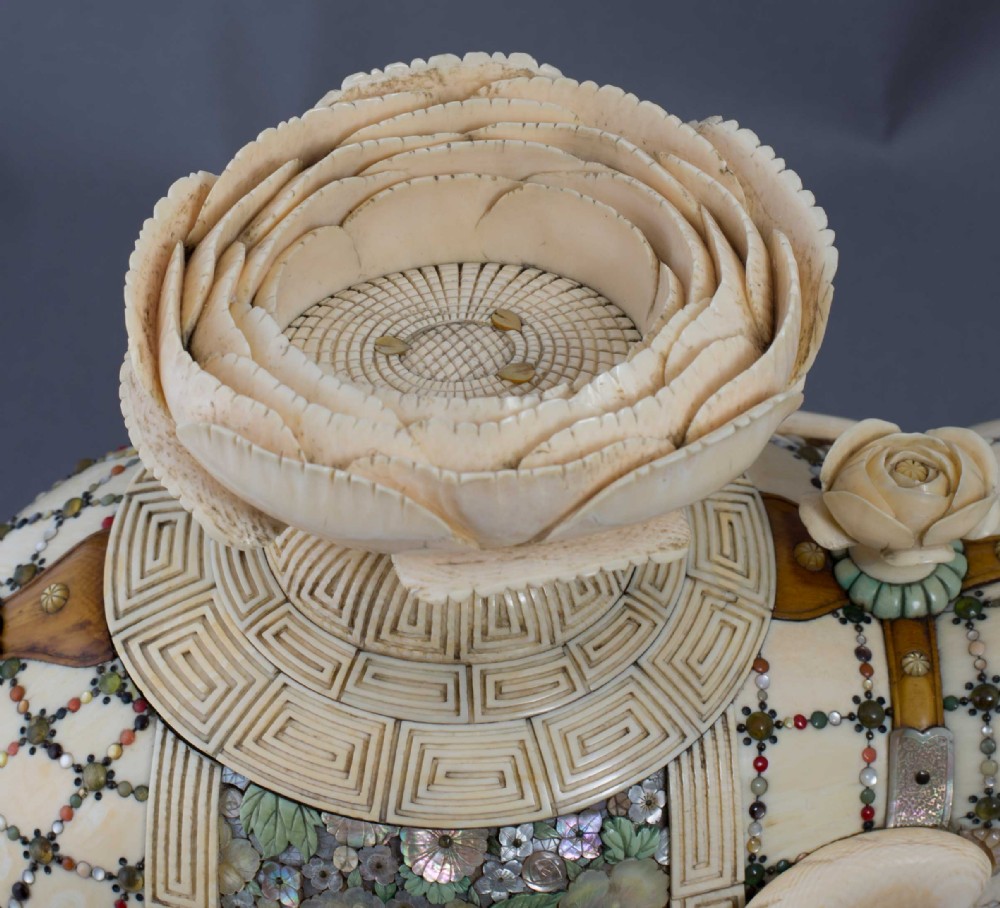 LARGE JAPANESE IVORY AND SHIBAYAMA CAPARISONED ELEPHANT OKIMONO - MASAYUKI View IX