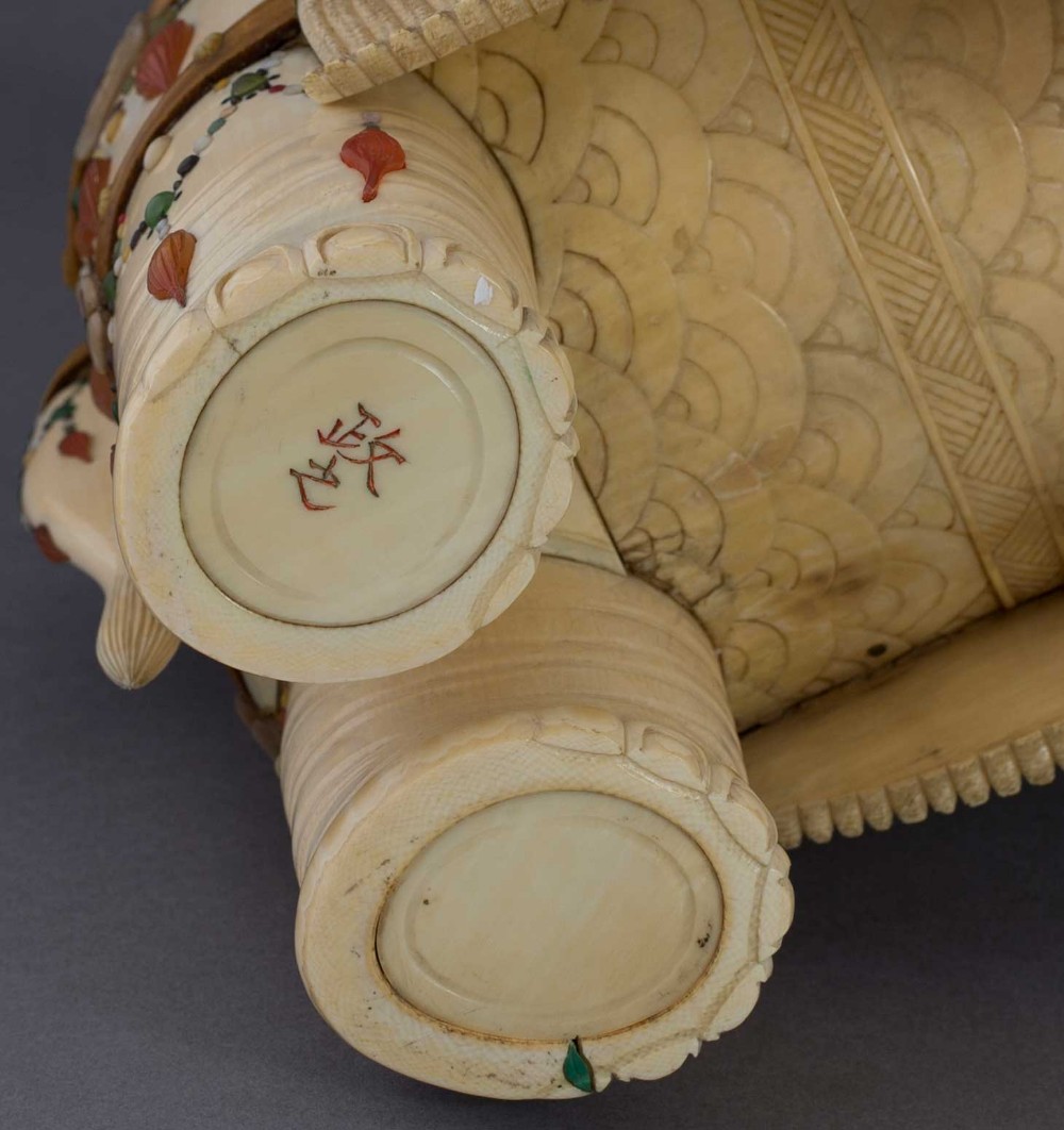 LARGE JAPANESE IVORY AND SHIBAYAMA CAPARISONED ELEPHANT OKIMONO - MASAYUKI View XII