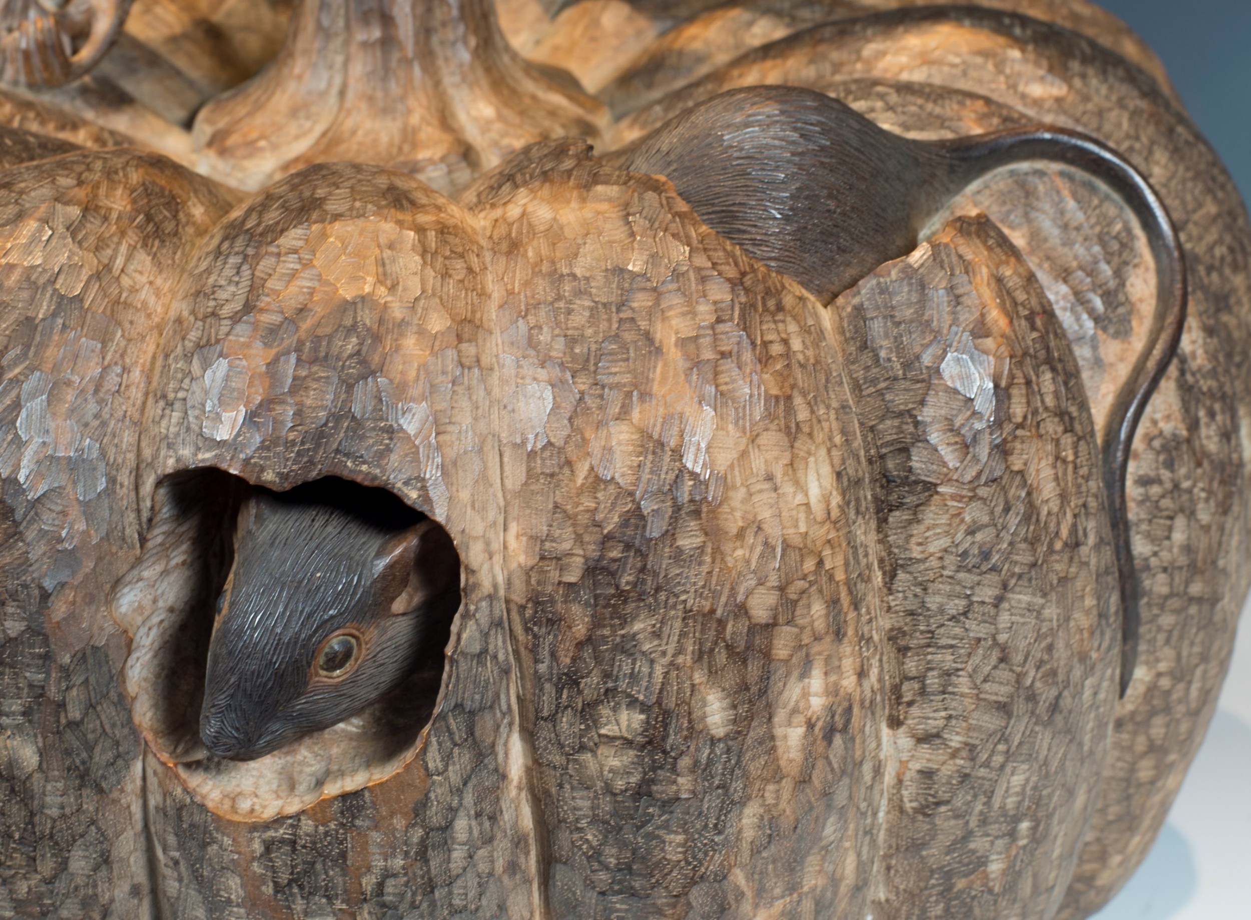 FASCINATING LIFE-SIZE JAPANESE HARDWOOD OKIMONO- PUMPKIN AND RATS View II