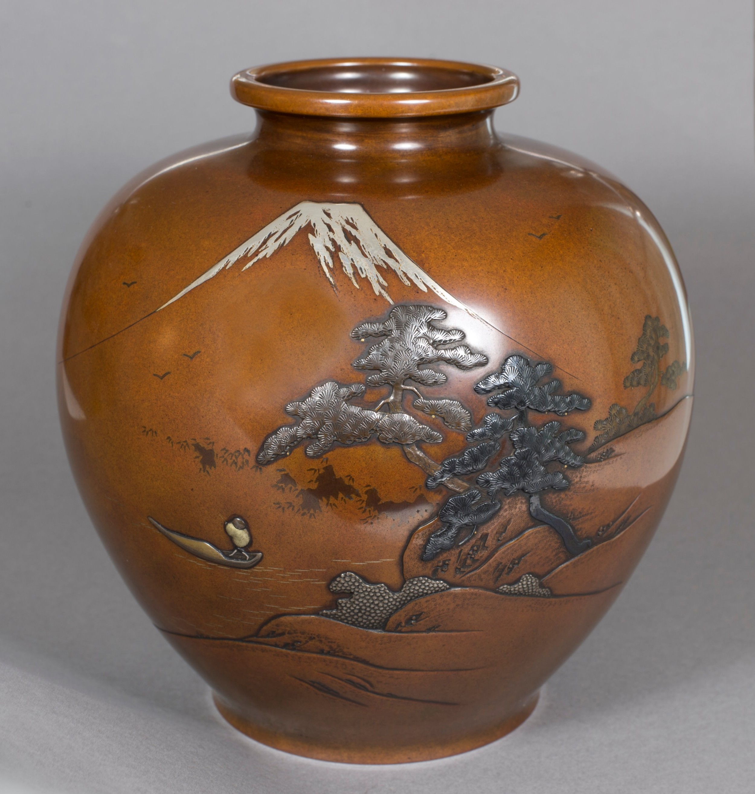 LARGE GLOBULAR JAPANESE BRONZE AND MIXED METAL VASE SIGNED KIYOMITSU View II