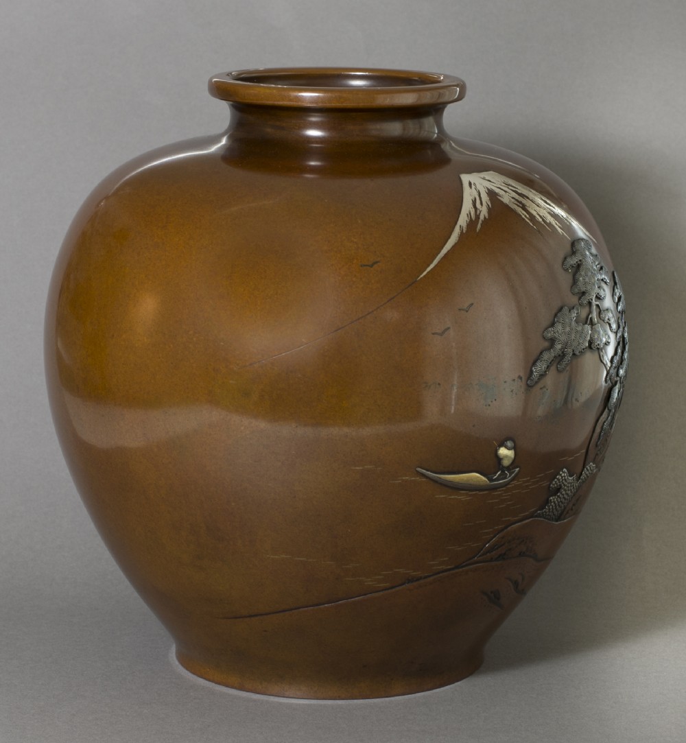 LARGE GLOBULAR JAPANESE BRONZE AND MIXED METAL VASE SIGNED KIYOMITSU View III