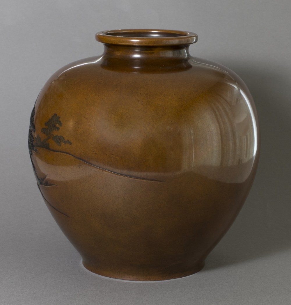 LARGE GLOBULAR JAPANESE BRONZE AND MIXED METAL VASE SIGNED KIYOMITSU View VI
