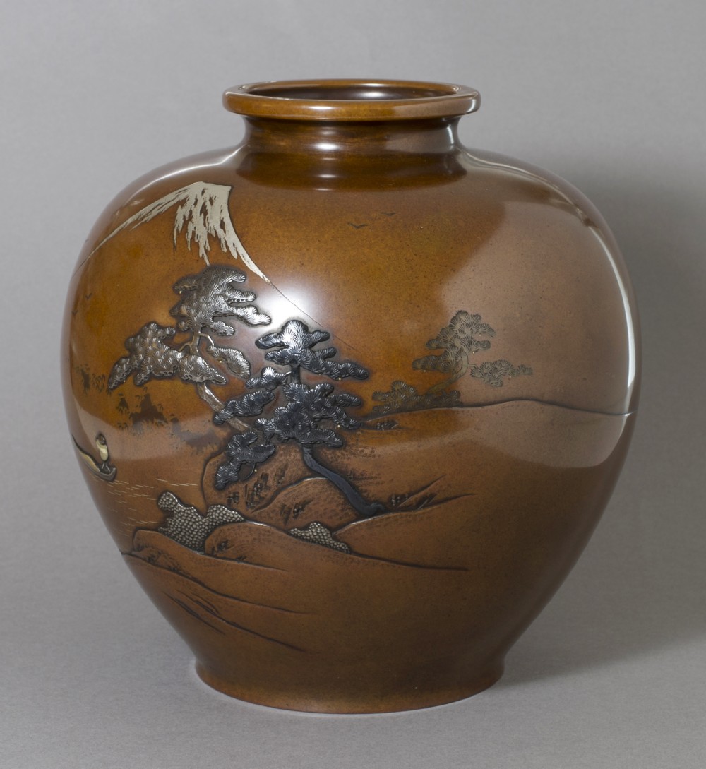LARGE GLOBULAR JAPANESE BRONZE AND MIXED METAL VASE SIGNED KIYOMITSU View VII