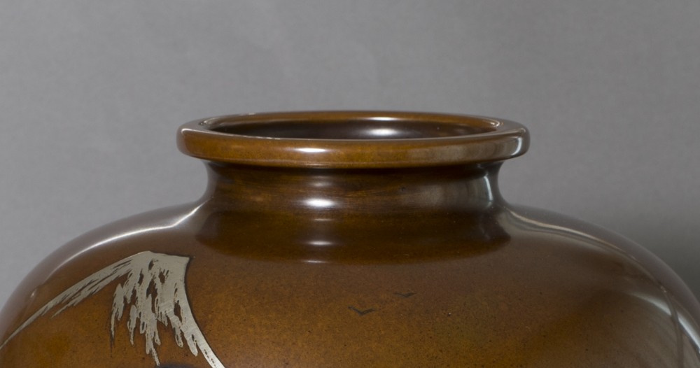 LARGE GLOBULAR JAPANESE BRONZE AND MIXED METAL VASE SIGNED KIYOMITSU View VIII