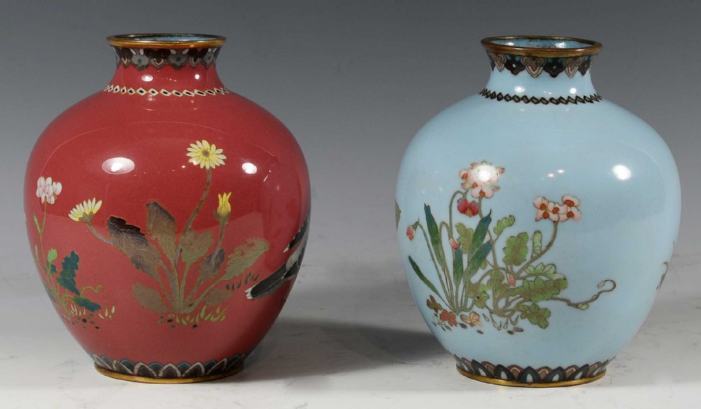 DECORATIVE HARLEQUIN PAIR OF JAPANESE CLOISONNE ENAMEL VASES View II