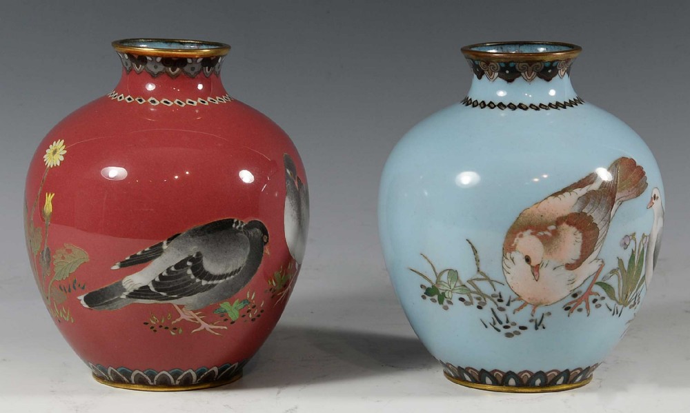 DECORATIVE HARLEQUIN PAIR OF JAPANESE CLOISONNE ENAMEL VASES View III
