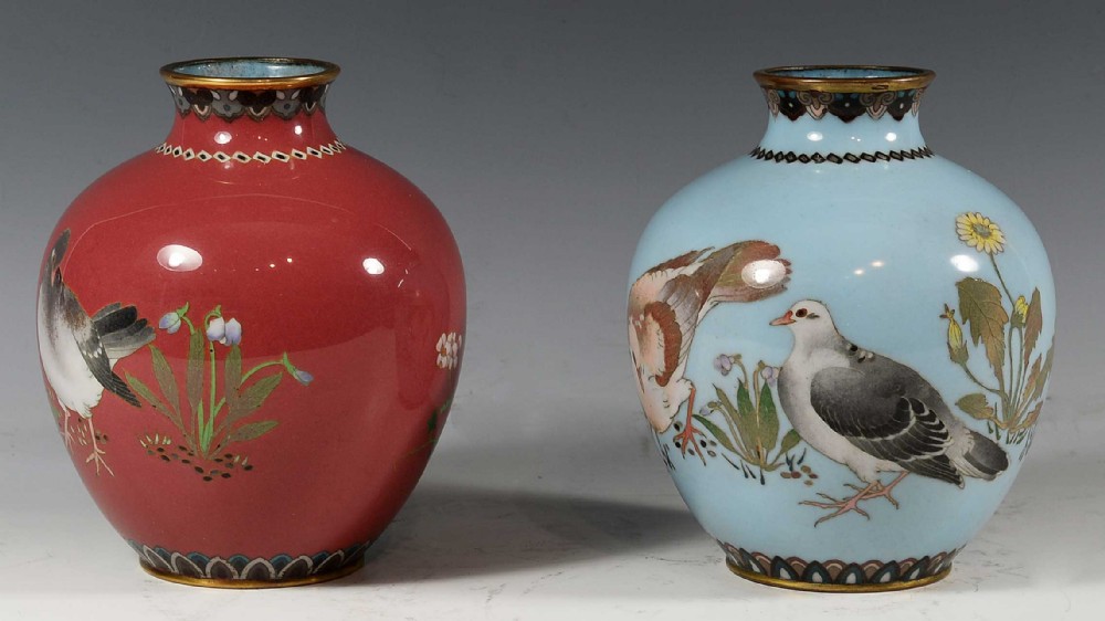 DECORATIVE HARLEQUIN PAIR OF JAPANESE CLOISONNE ENAMEL VASES View IV